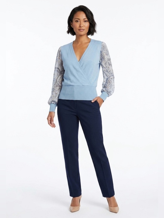 89th & Madison Tops - 89th + Madison Blue Faux Wrap Sweater W/ Paisley Sheer Sleeves Large